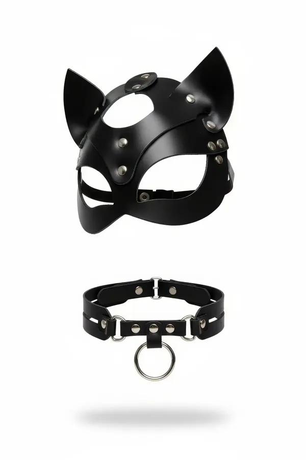 Black Faux Leather Cat Mask & Collar Set with O-Ring