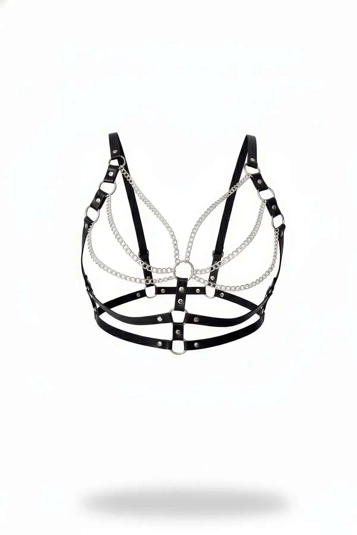 Faux Leather Harness Bra with Draped Chains