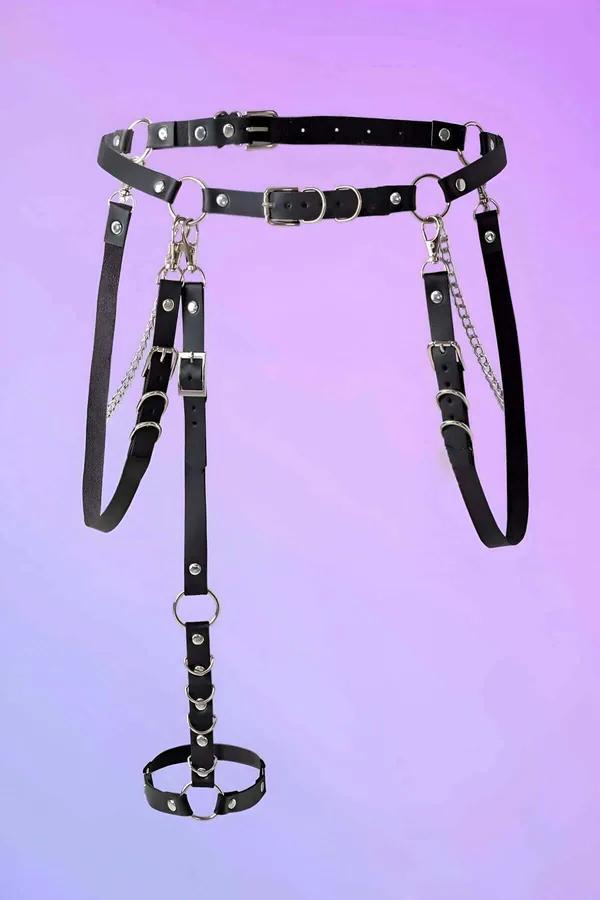 Women's Leather Harness Belt with Adjustable Waist and Chain Details