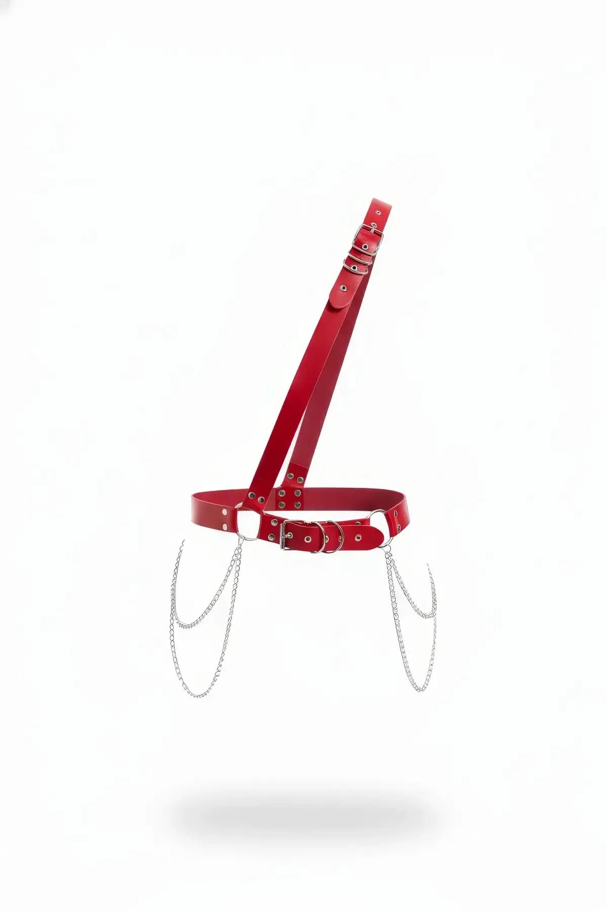 Red Faux Leather Waist Harness with Draped Chains