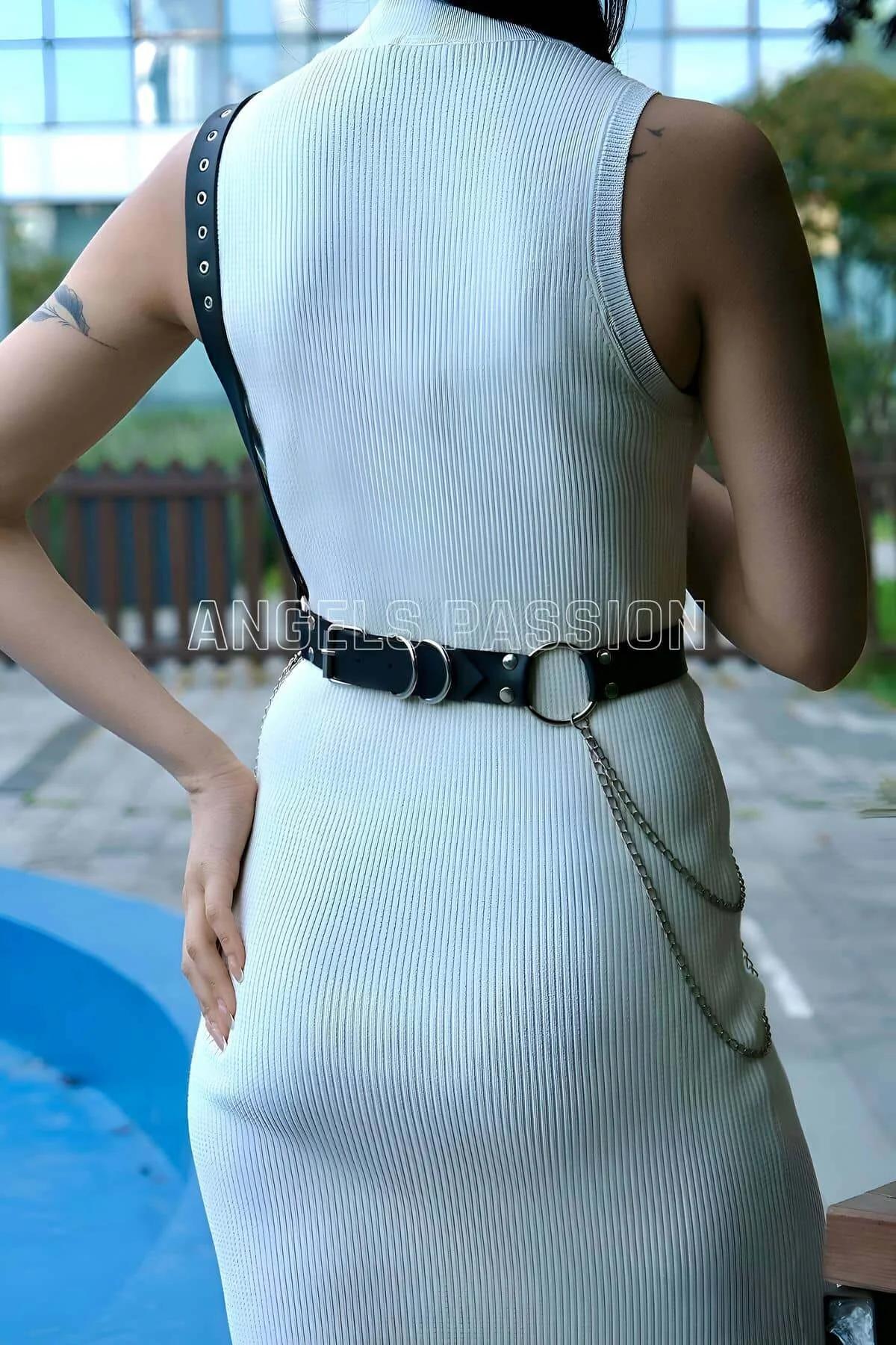 Leather Harness Belt Adjustable with Chain Detail for Women