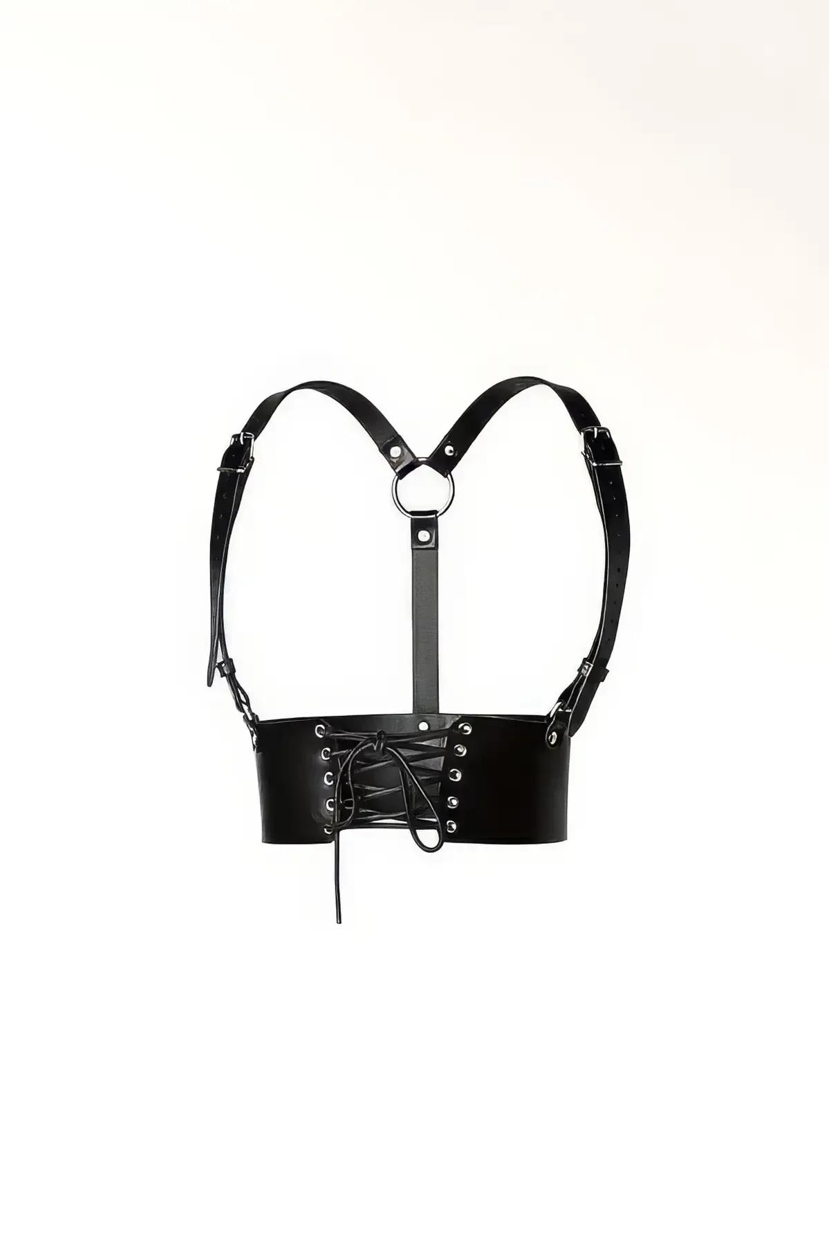 Faux Leather Corset Waist Harness with O-Ring Straps
