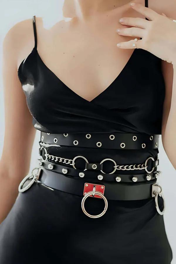 Gothic Womens Belt: Studded Multi-Layer O-Ring Chain