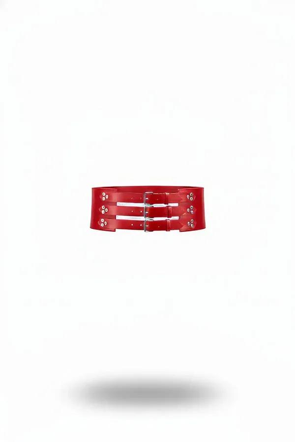 Wide Red Waist Belt with Triple Buckle Closure