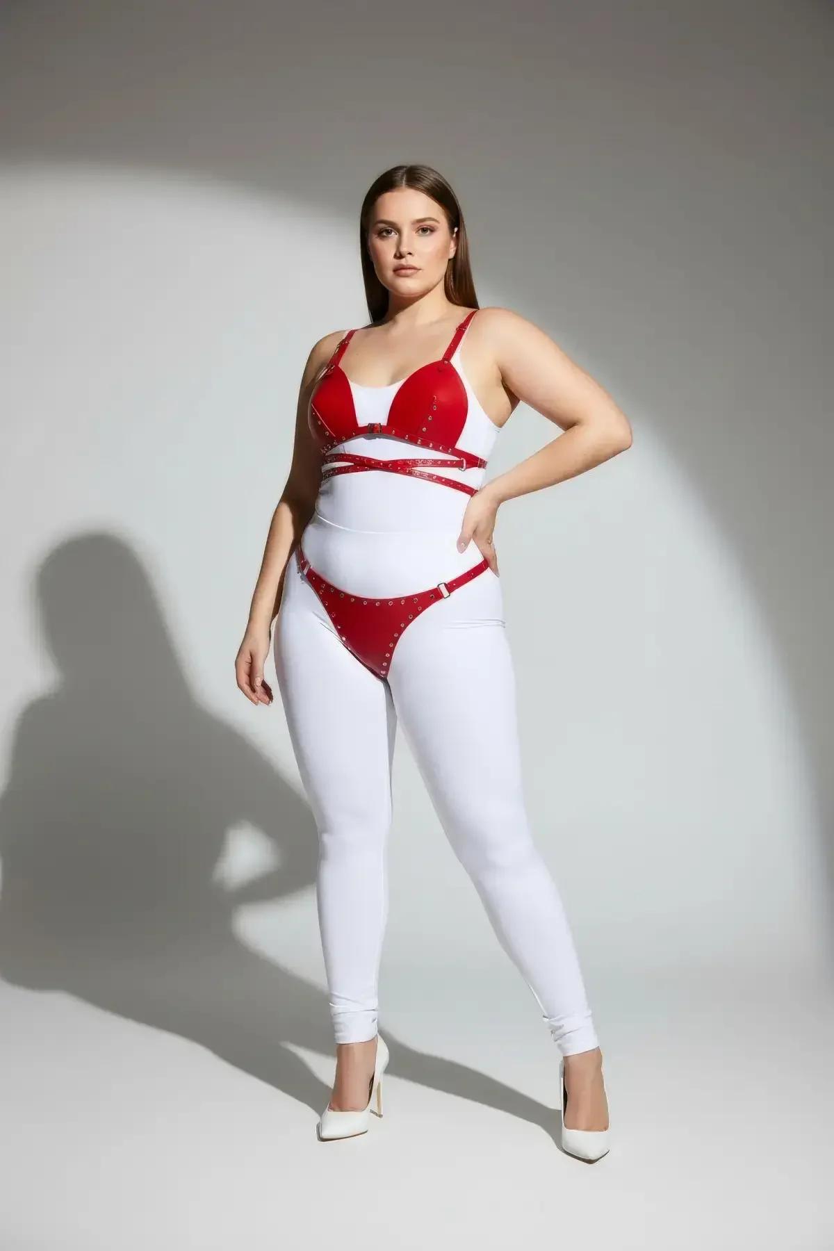 Red Faux Leather Bra Harness Set with Stud Details