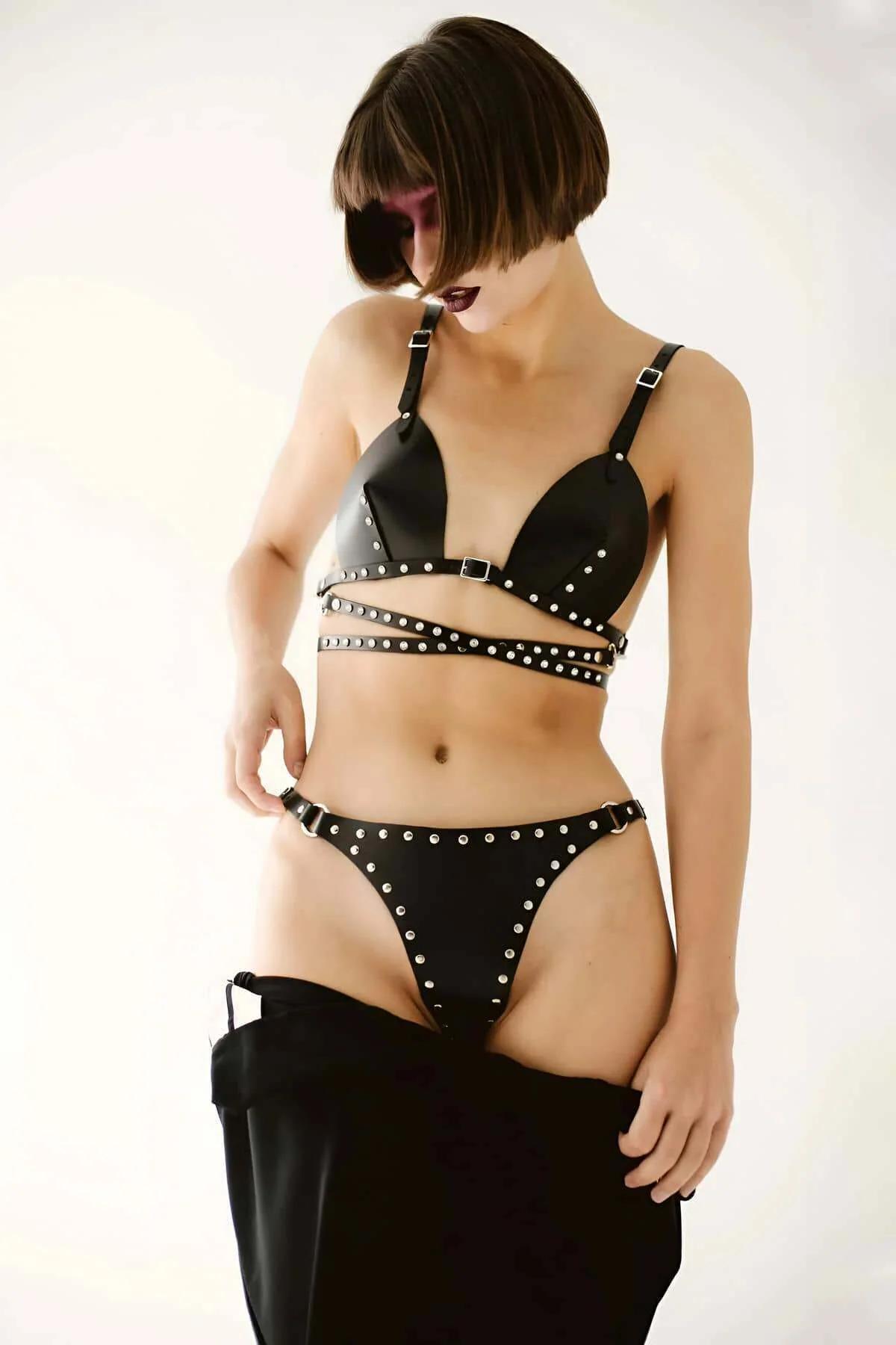 Studded Leather Harness Set - Adjustable Bra & Thong Lingerie