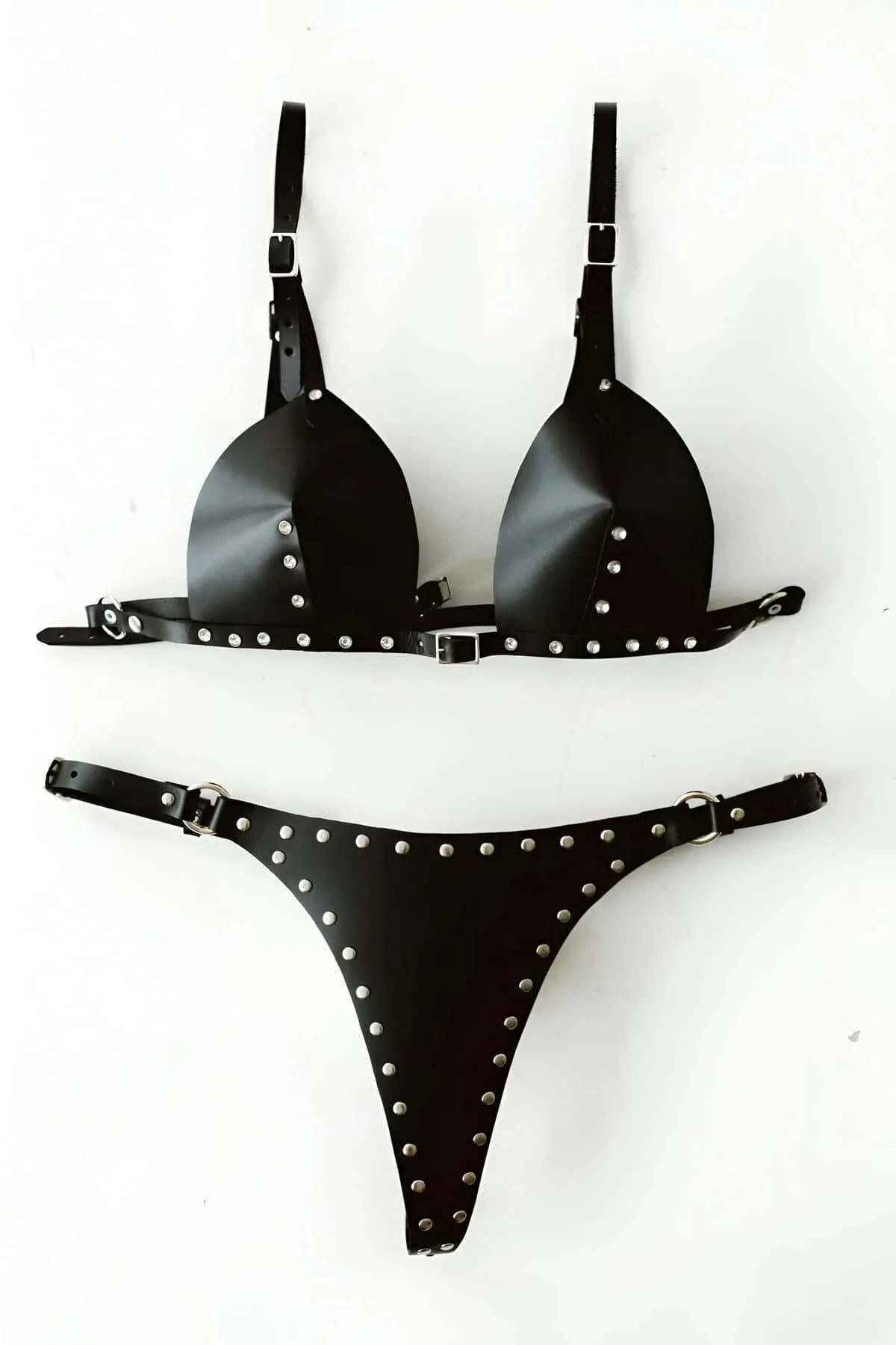 Studded Leather Harness Set - Adjustable Bra & Thong Lingerie