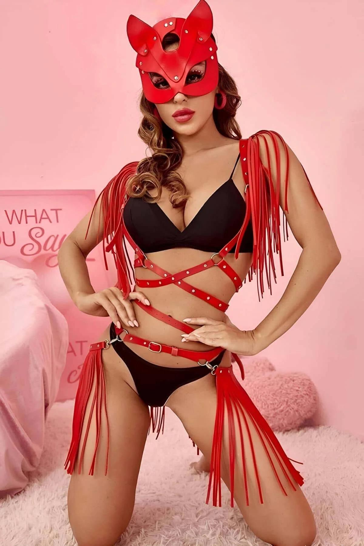 Red Faux Leather Harness Set with Cat Mask & Tassels