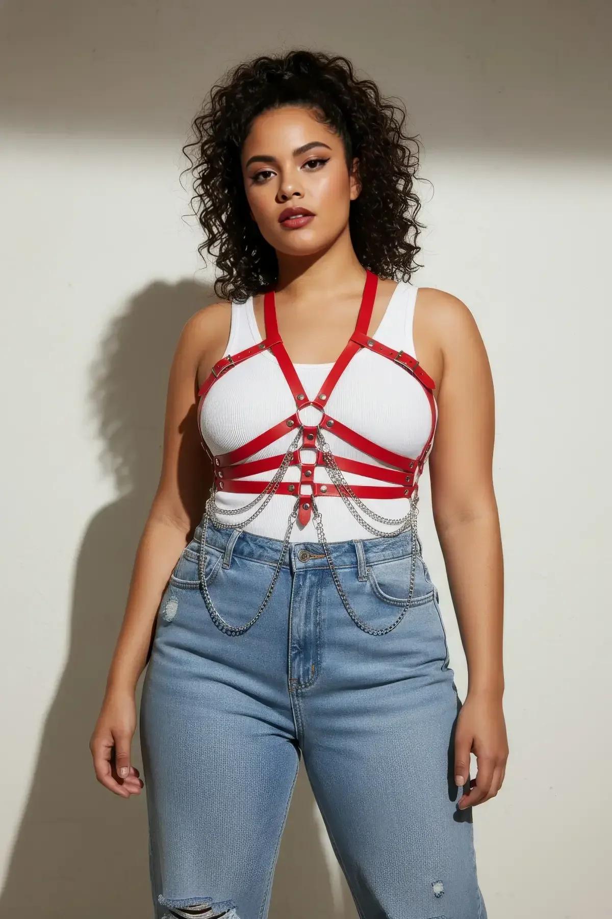 Red Faux Leather Chest Harness with Draping Chains