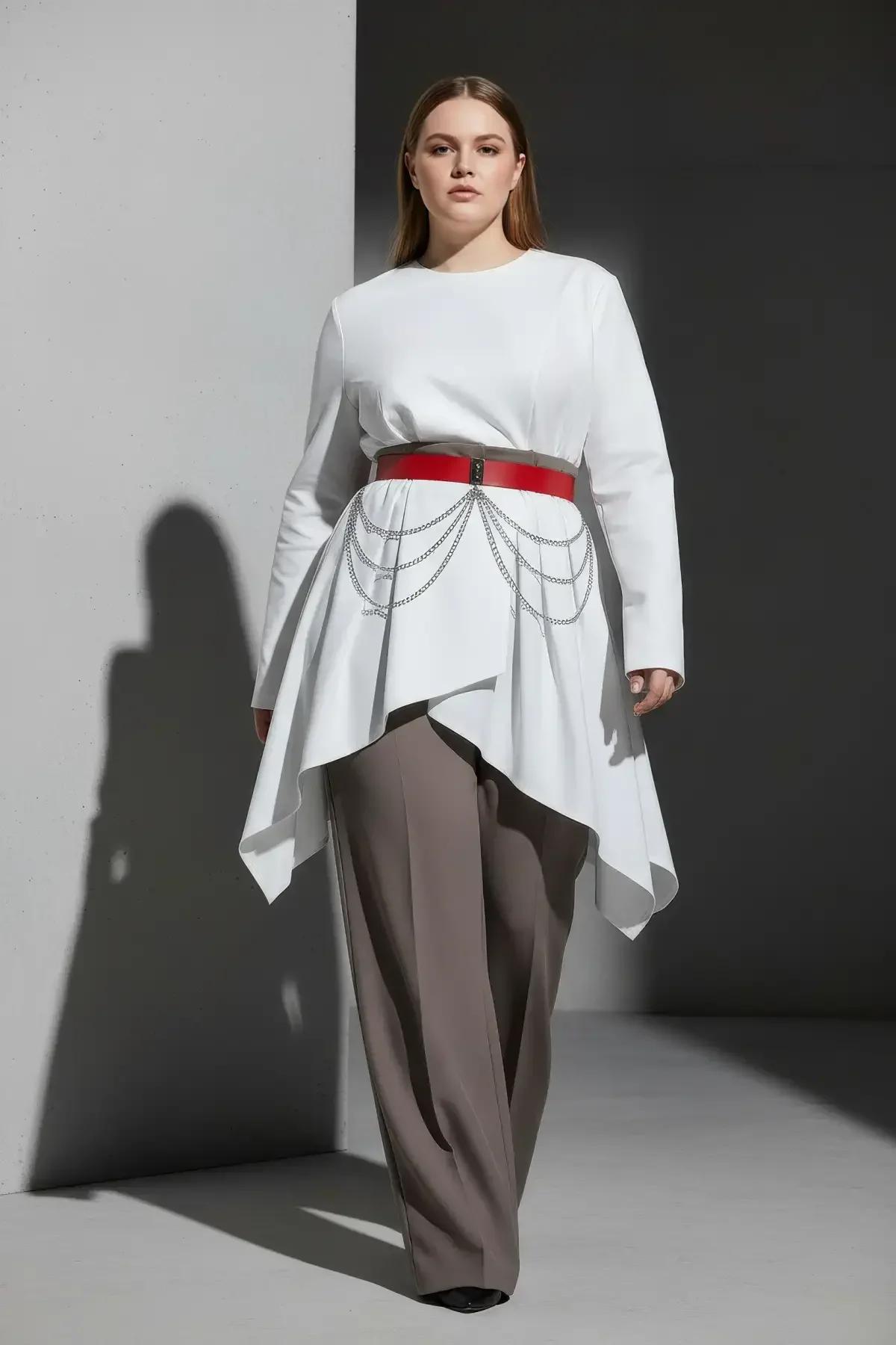 Red Faux Leather Waist Belt with Draped Silver Chains