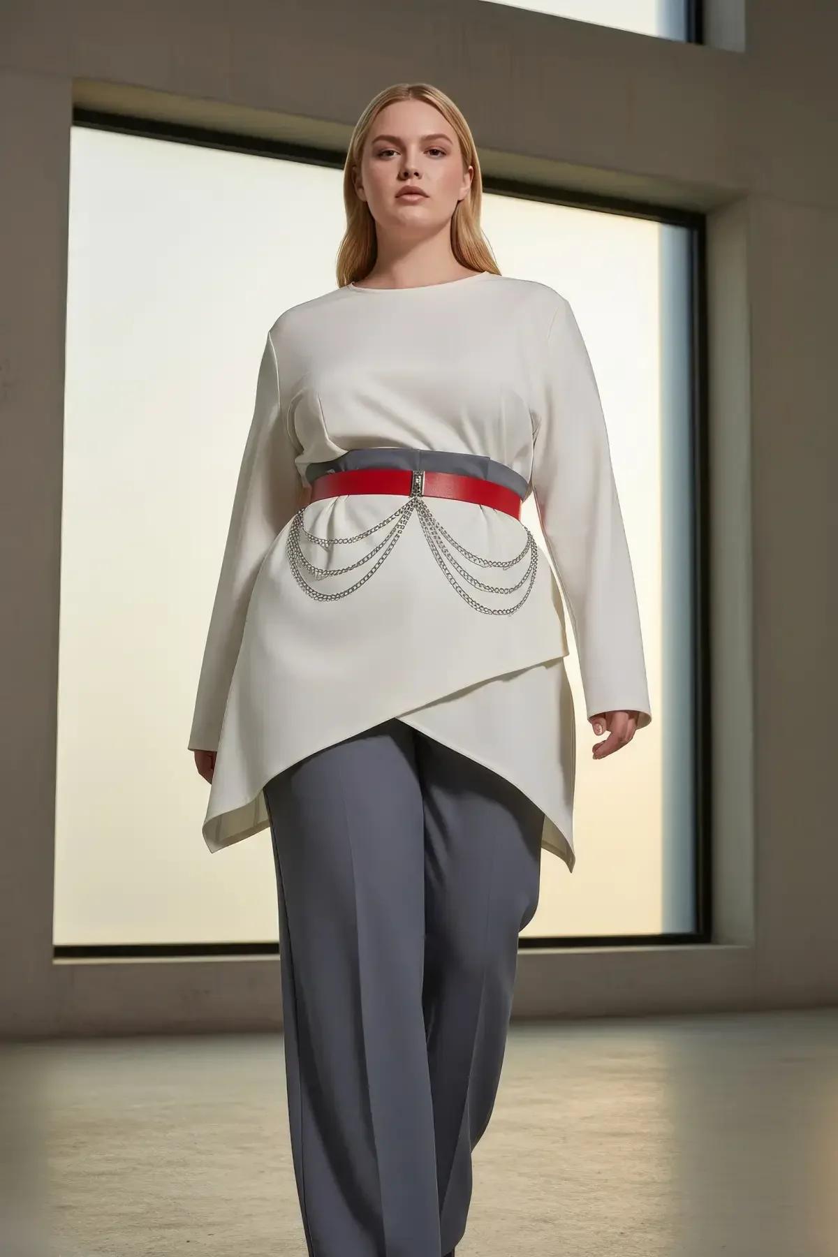 Red Faux Leather Waist Belt with Draped Silver Chains