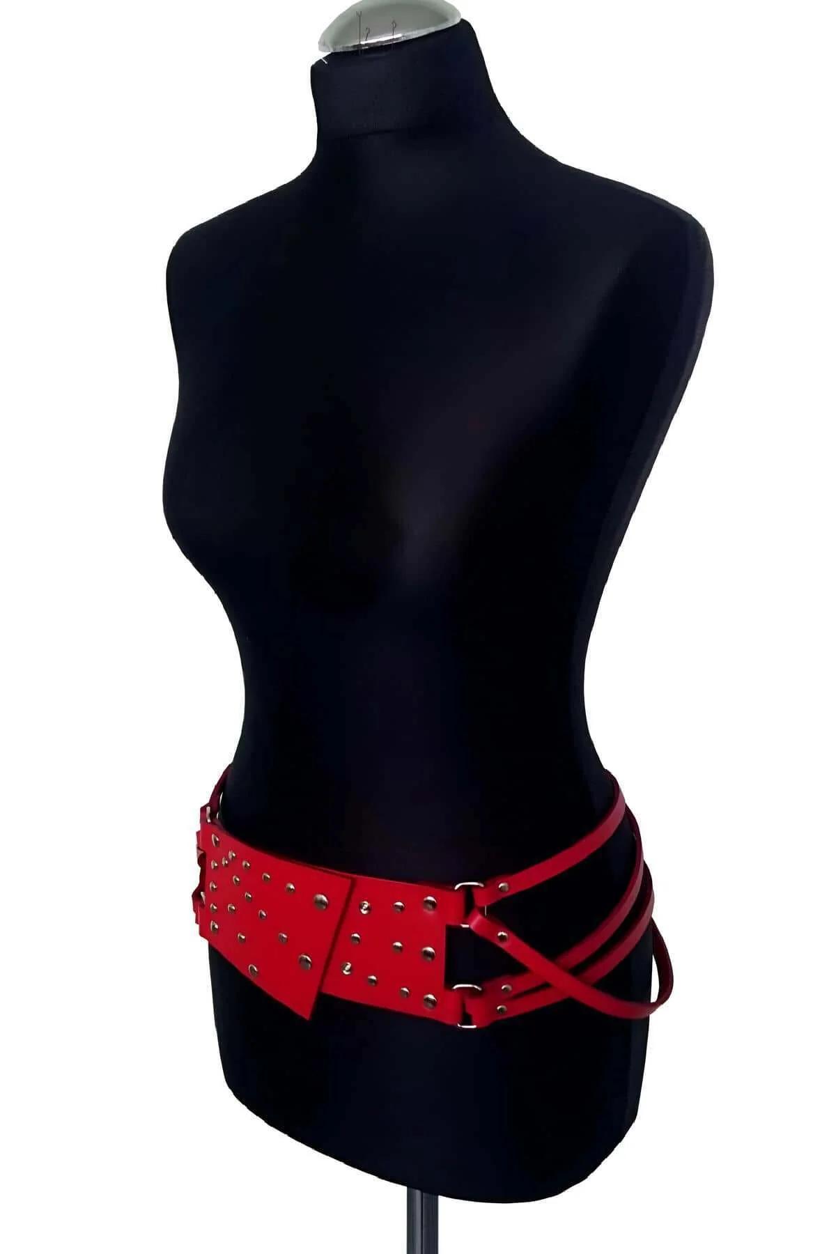 Red Leather Adjustable Body Harness with Stud Details