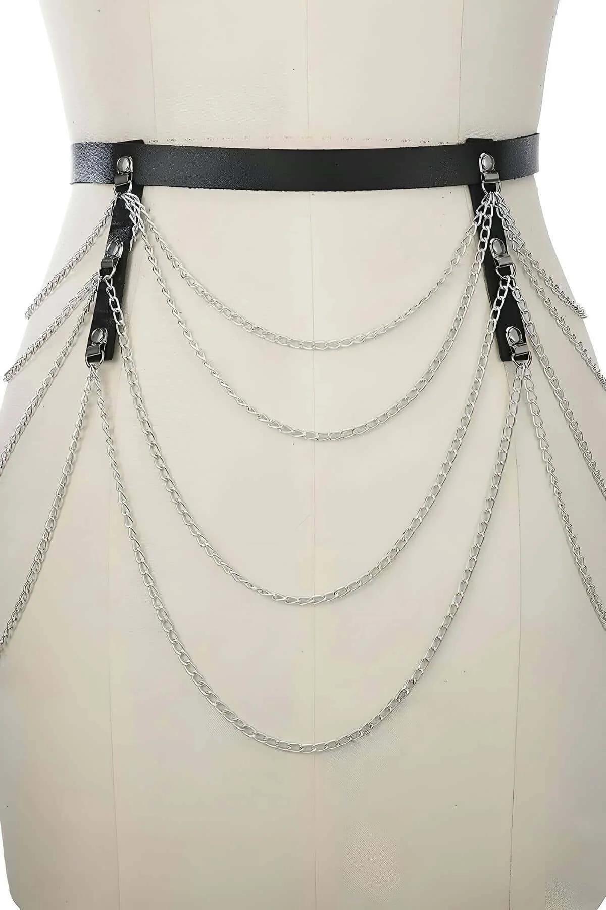 Chain Waist Belt: Multi-Layered Silver & Leather Style