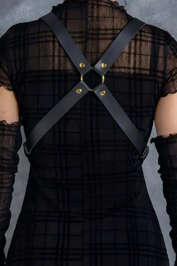 Leather Body Harness Belt with Gold Rings & Chain Accents