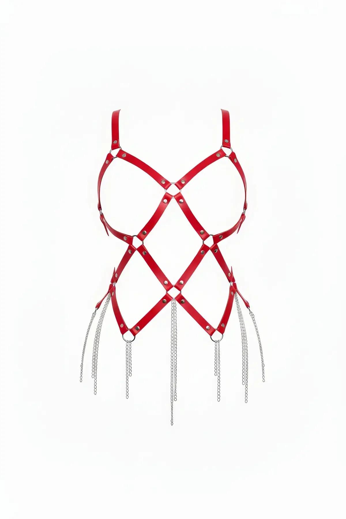 Red Body Harness for Women - Faux Leather Adjustable with Chains