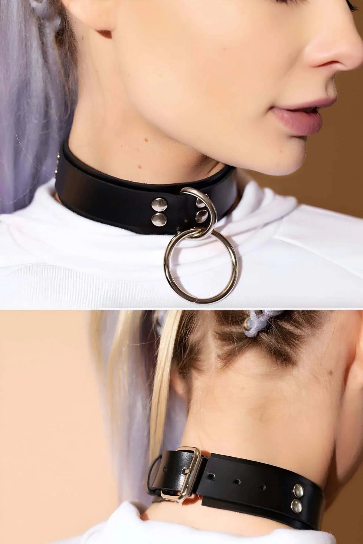 Leather Choker with O-Ring Detail - Adjustable Fit & Comfort