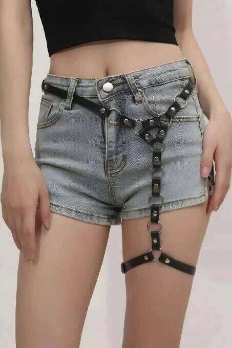 Single Leg Harness Back View Adjustable Waist Buckle Detail Black Leather Festival Lingerie Set