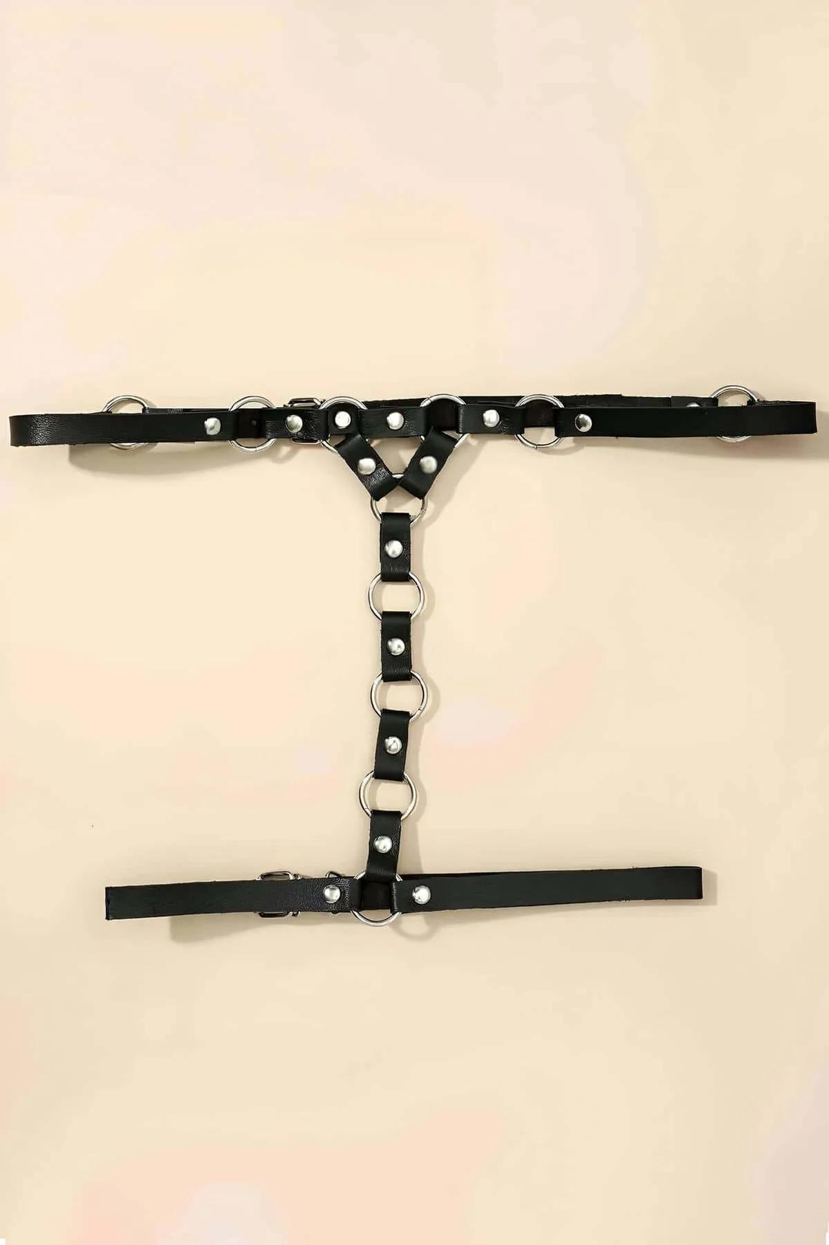 Black Leg Harness Flat Lay with Detachable Chain Displayed