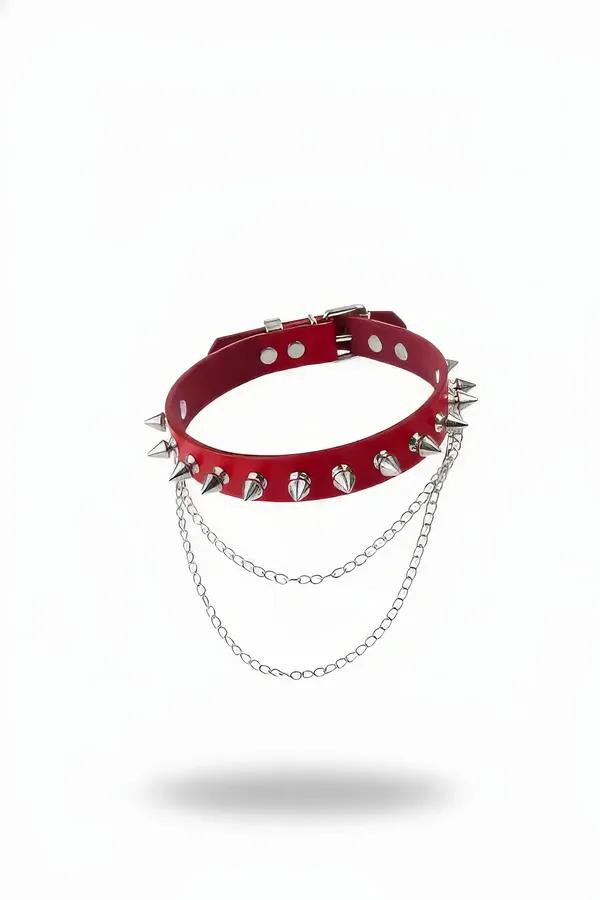 Red Spiked Choker with Layered Chains