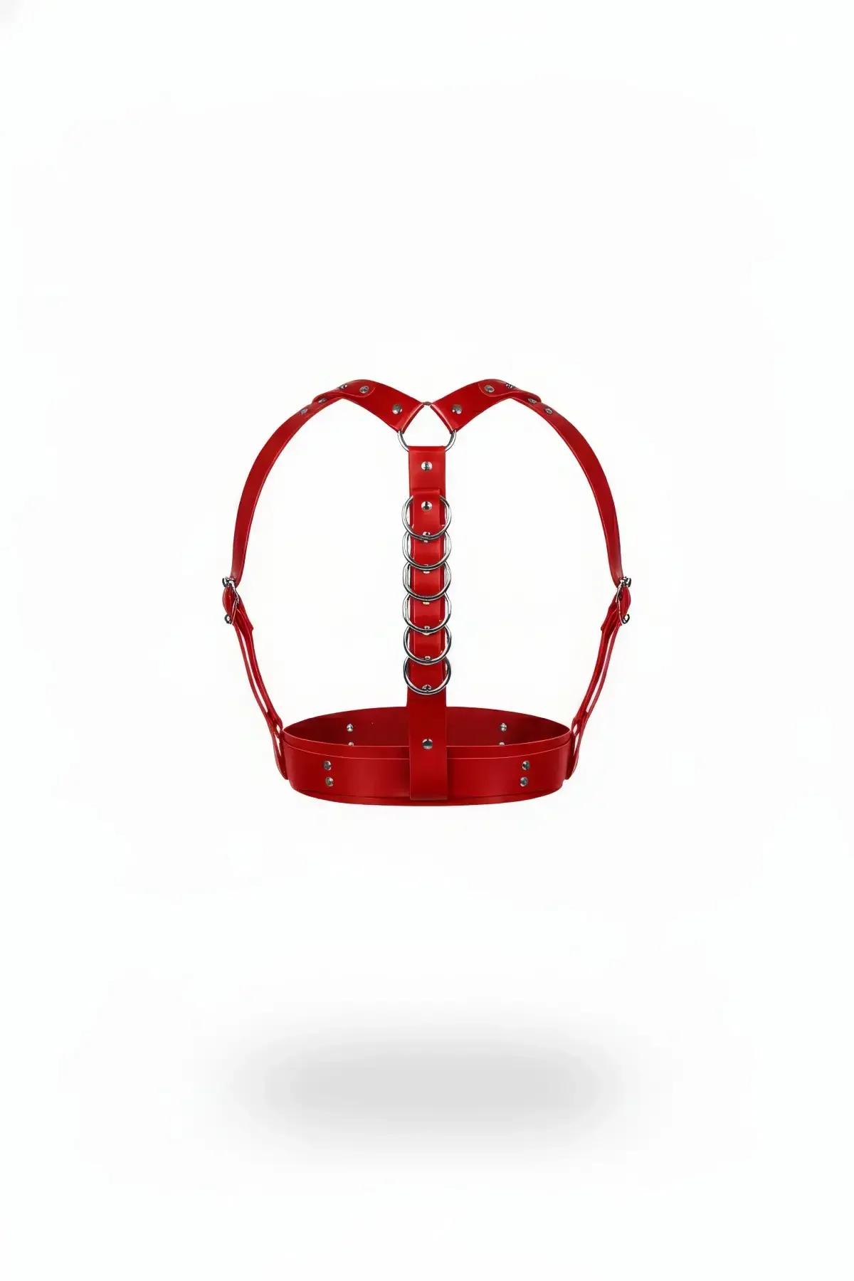 Red Faux Leather Underbust Harness with Stacked O-Ring Front