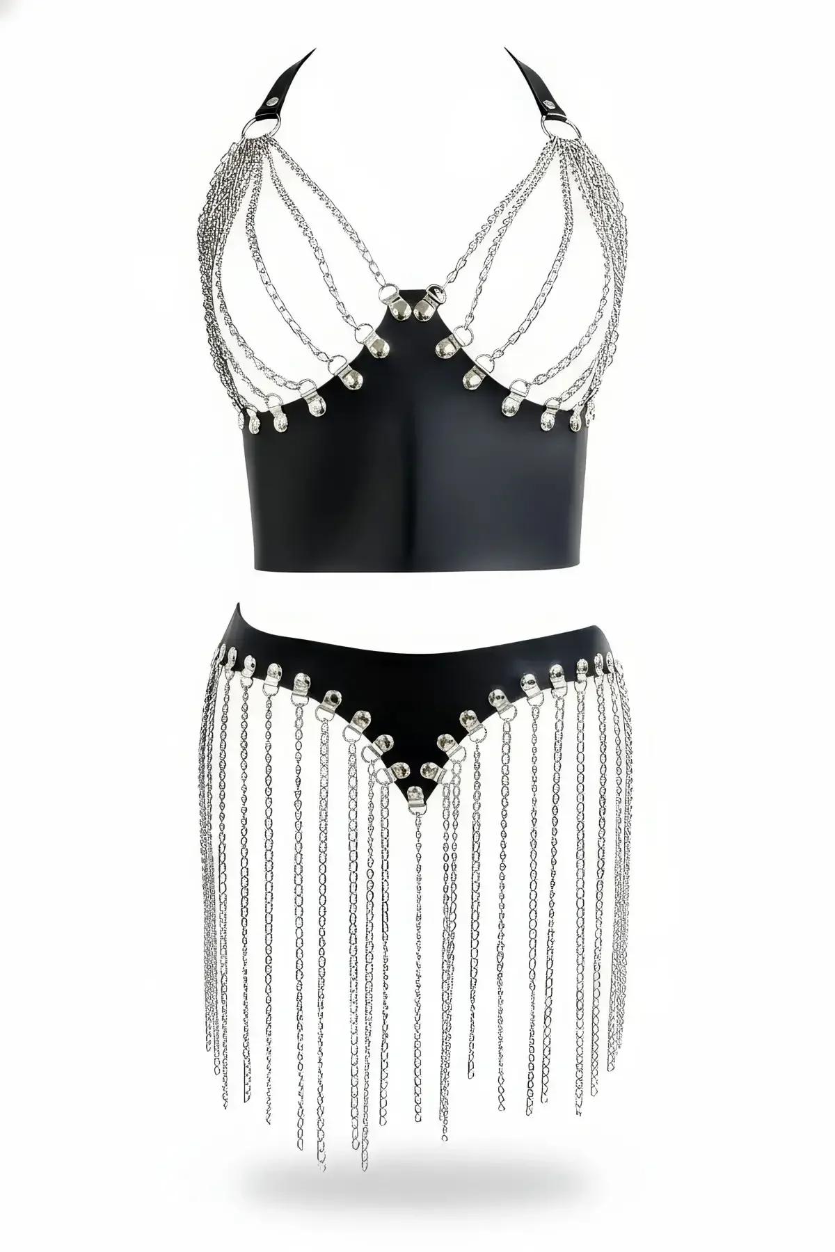 Black Faux Leather Halter Harness Top & Chain Skirt Set
