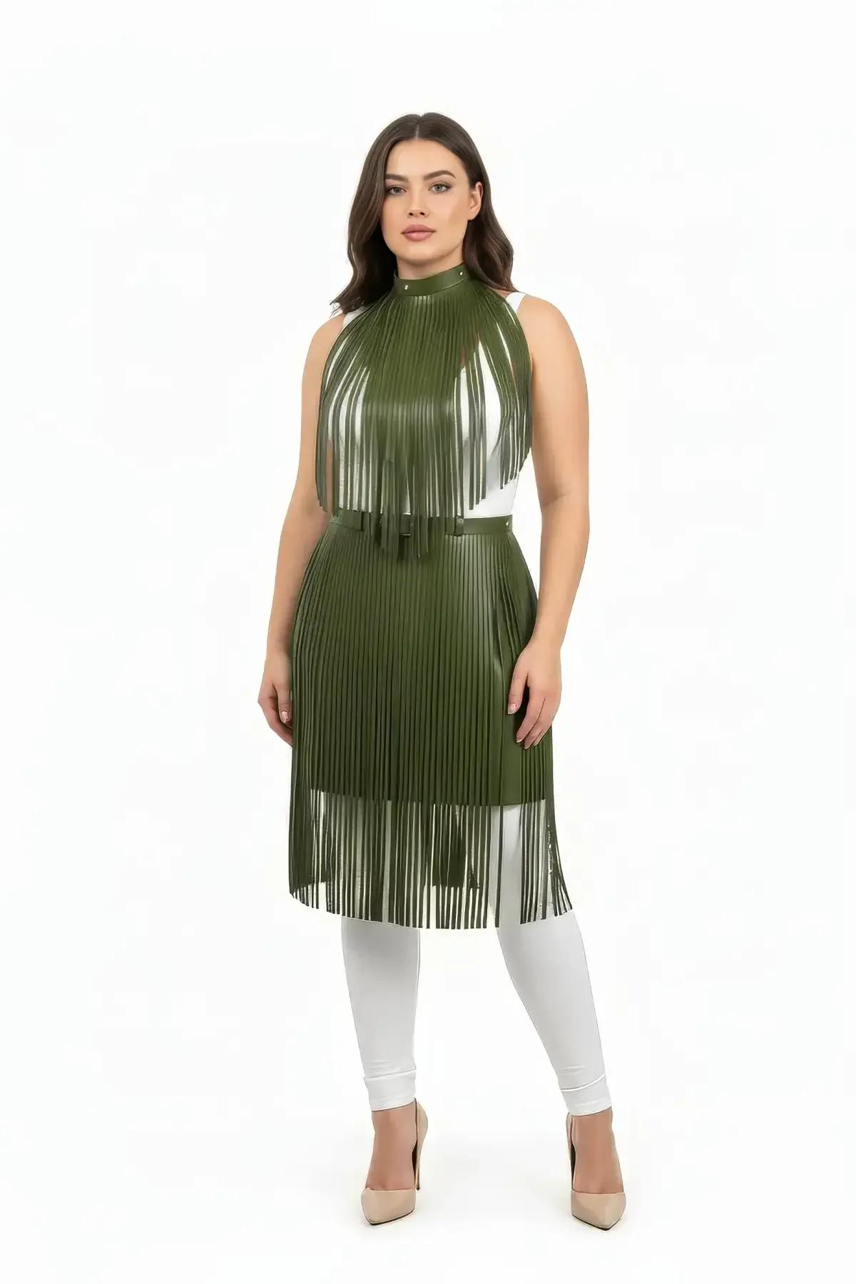 Olive Green Fringed Halterneck Vegan Leather Top