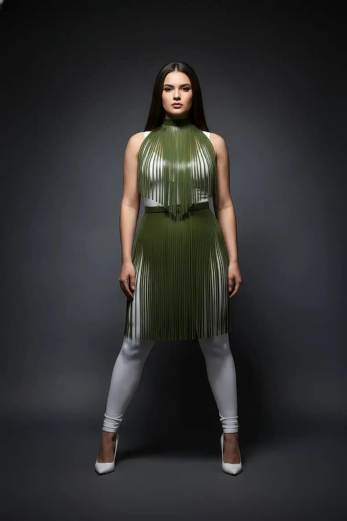 Olive Green Fringed Halterneck Vegan Leather Top