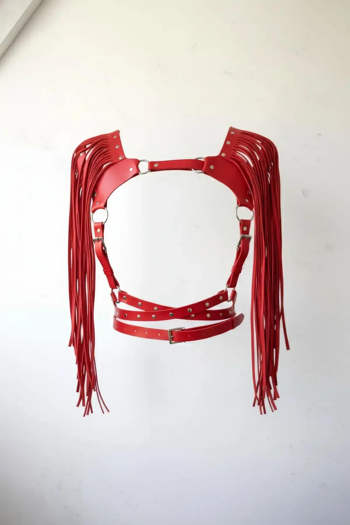 Red Fringe Chest Harness with Adjustable Straps & O-Rings