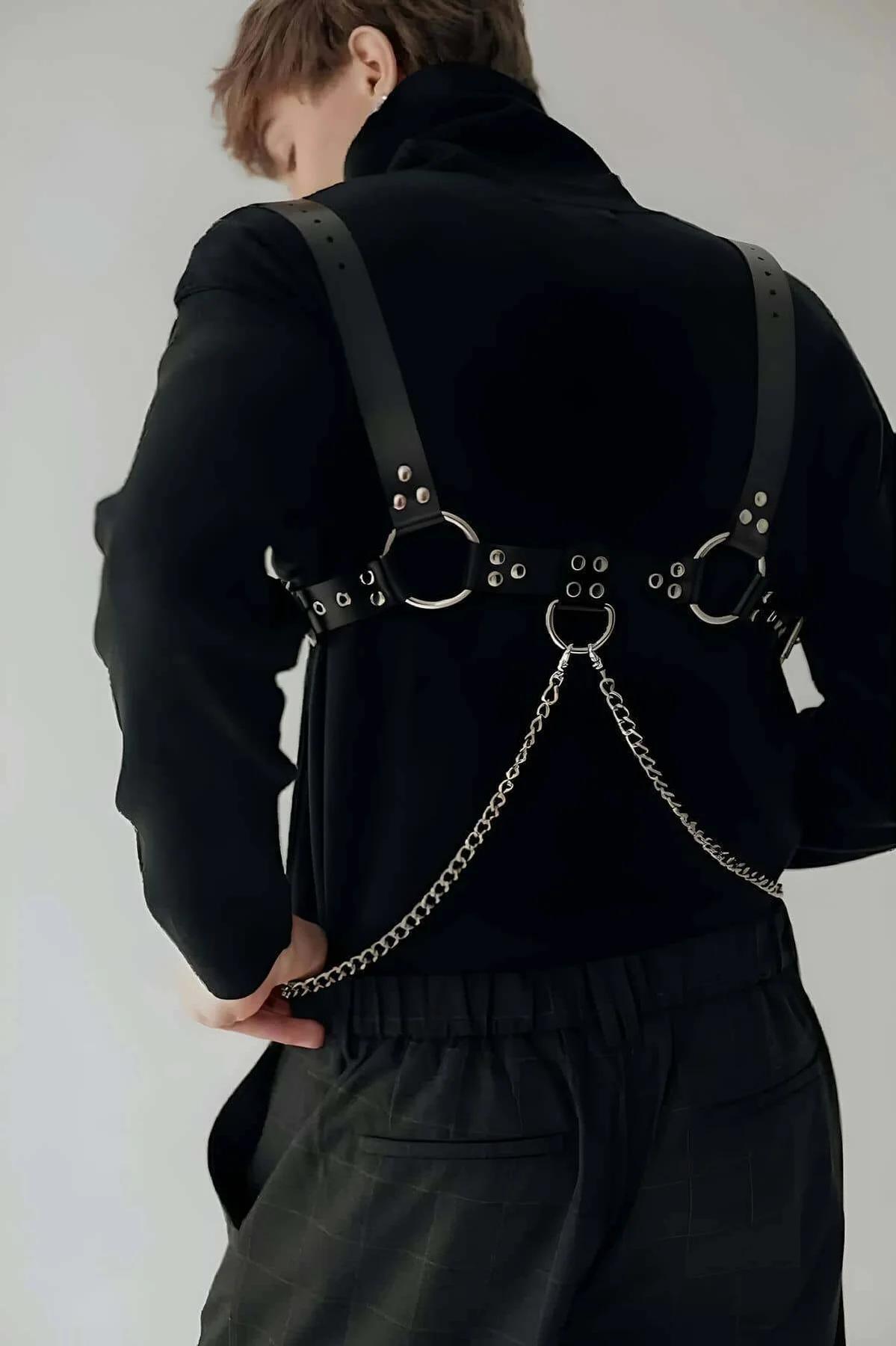 Mens Leather Harness Chain Body Accessory Adjustable Fit