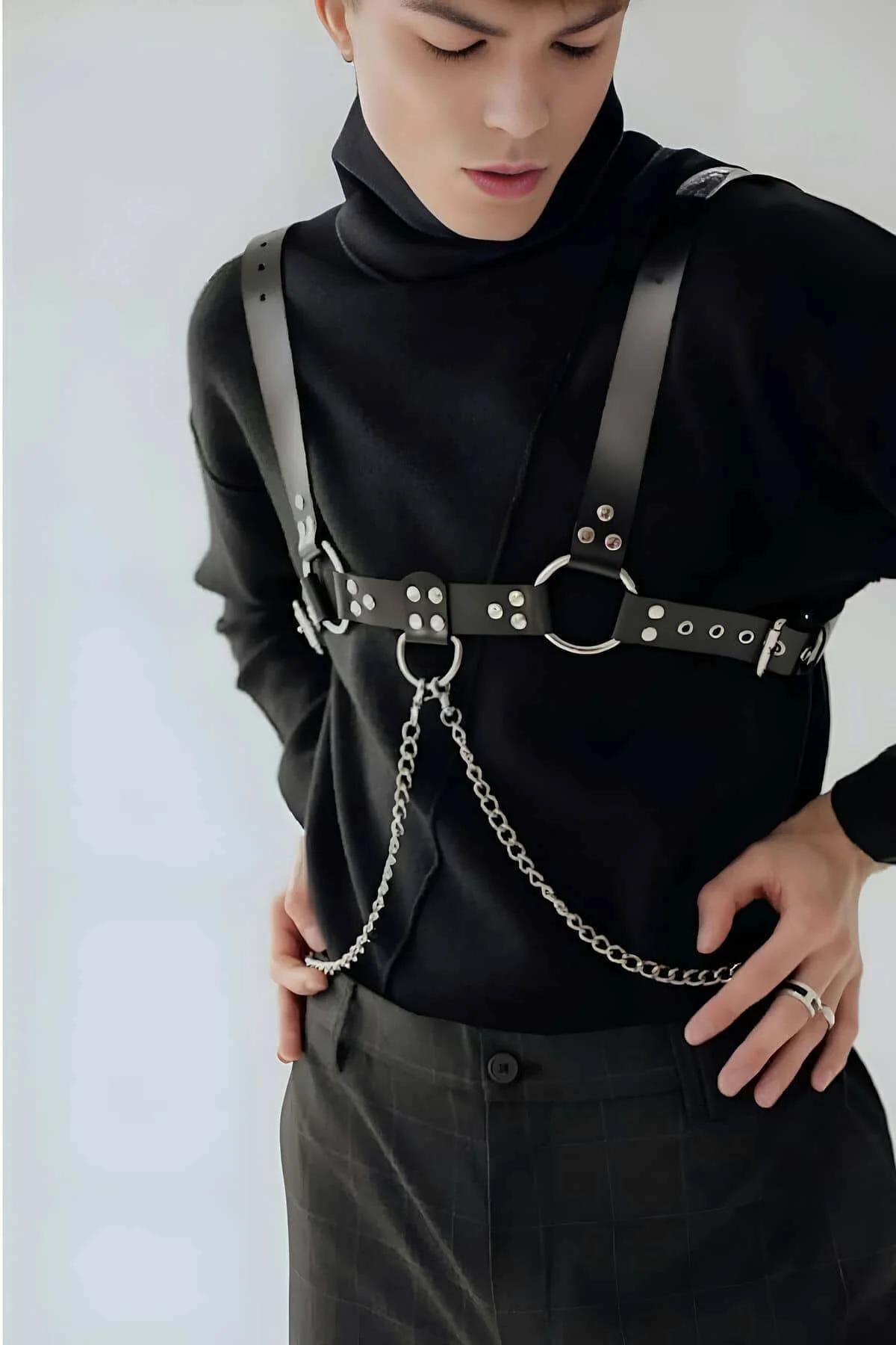 Mens Leather Harness Chain Body Accessory Adjustable Fit