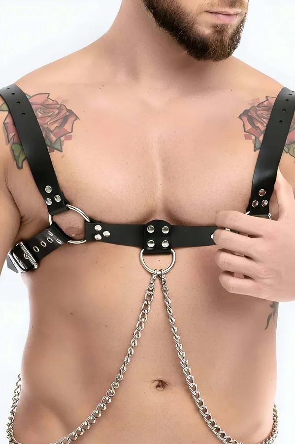 Model wearing black Men's Adjustable Vegan Leather Chest Harness with chrome-plated steel chains and silver alloy hardware front view