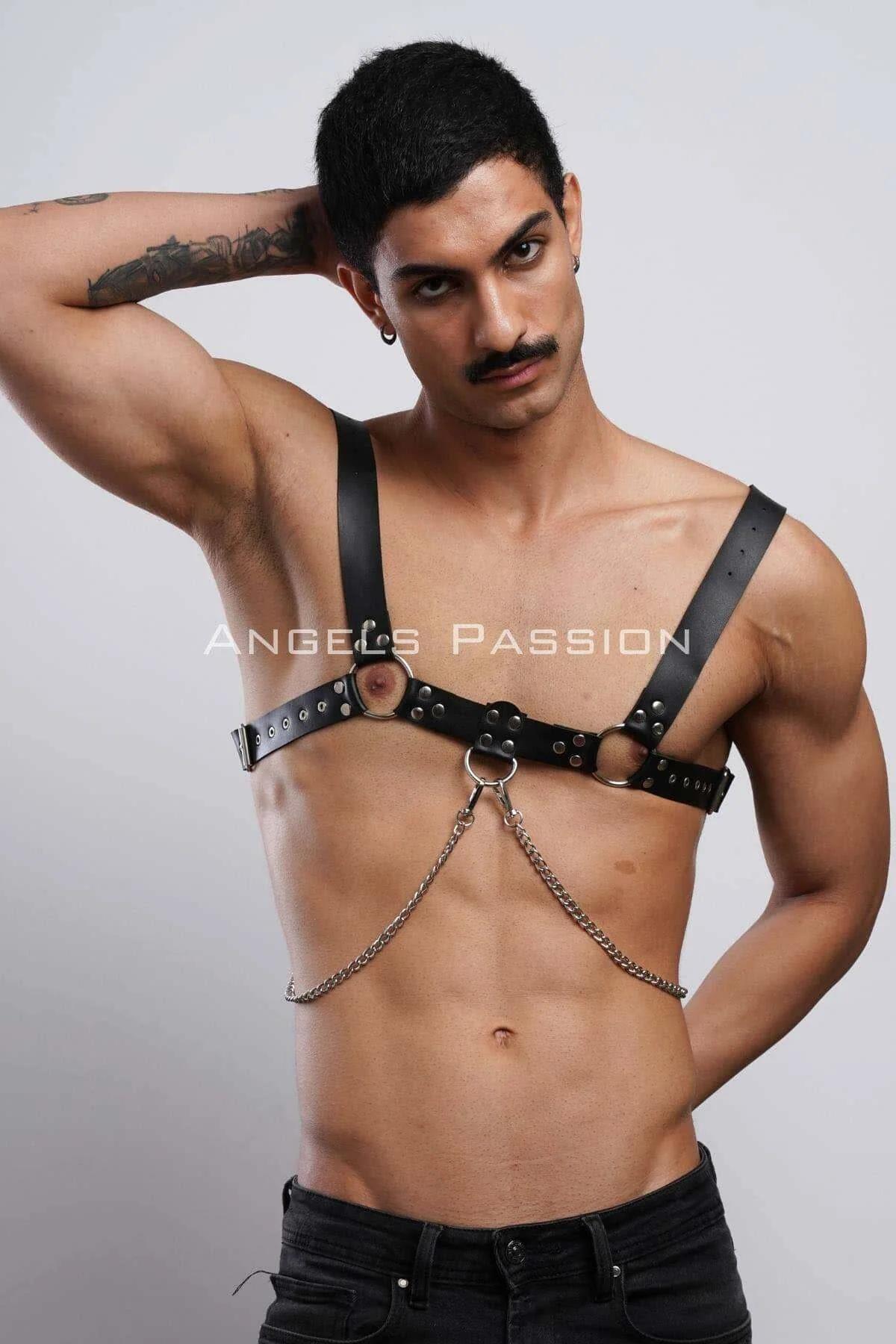 Mens Leather Harness with Chain | Adjustable Chest Body