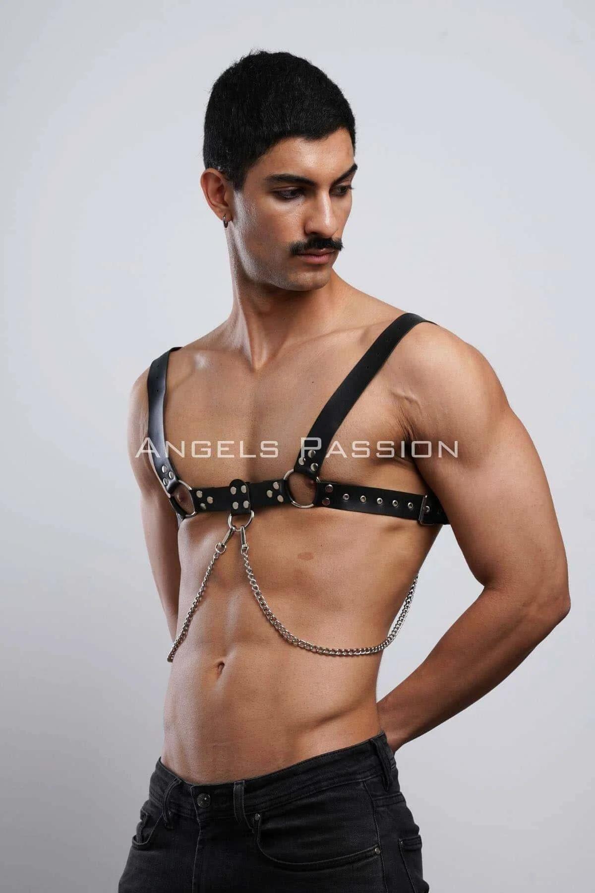 Mens Leather Harness with Chain | Adjustable Chest Body