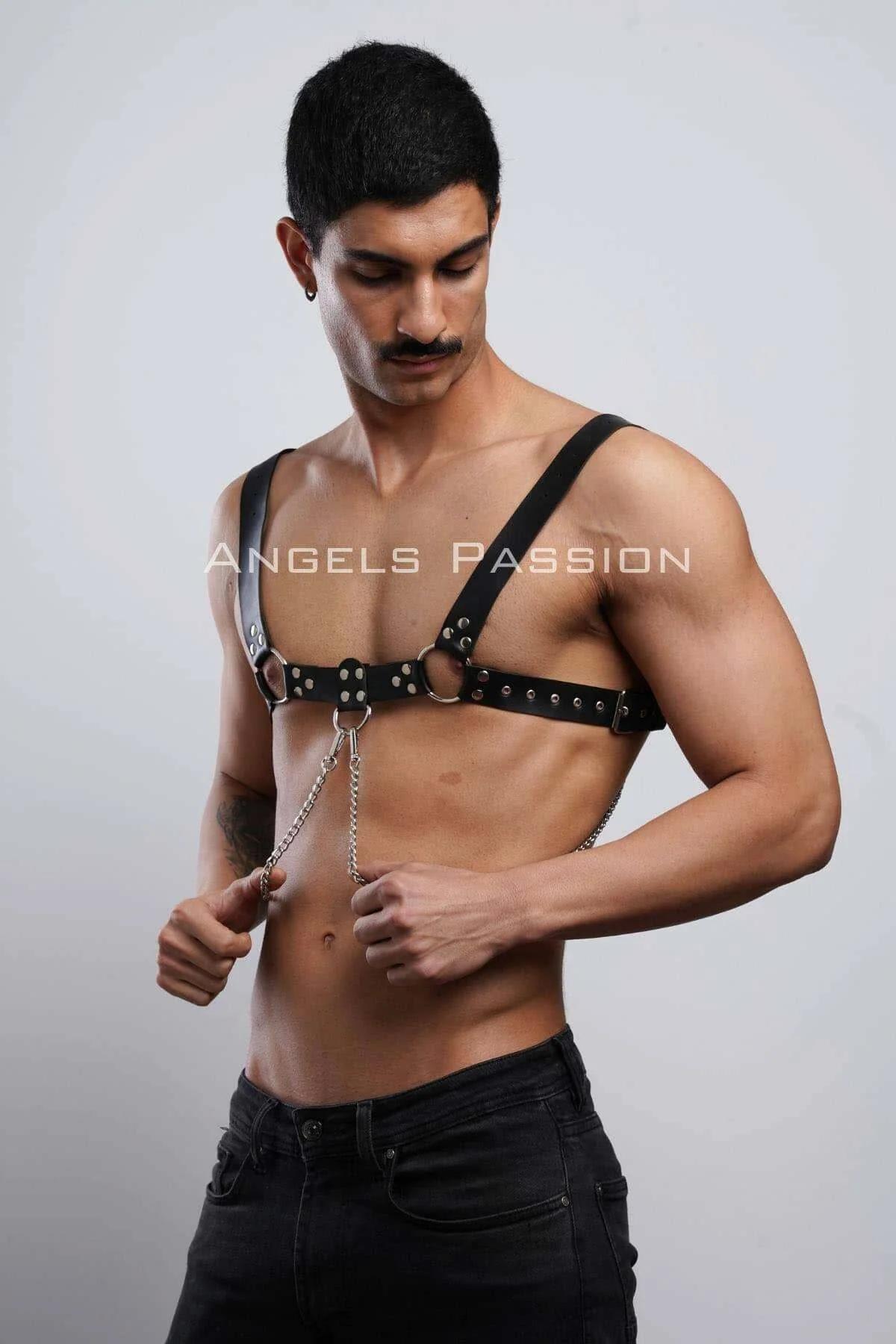 Mens Leather Harness with Chain | Adjustable Chest Body