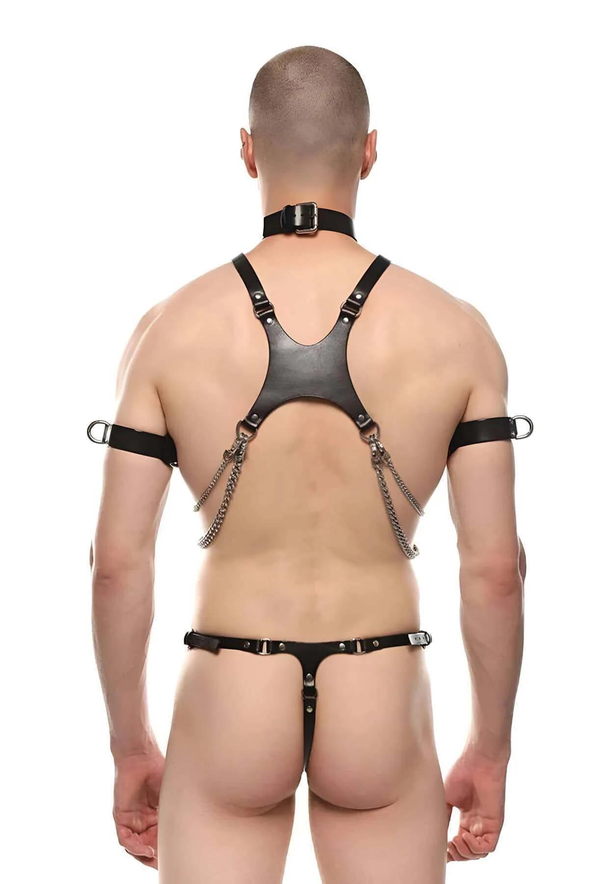 Men's Leather Harness with Chains and Adjustable Armbands
