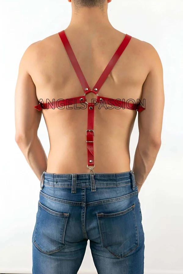 Mens Leather Chest Harness - Adjustable Red Body Accessory