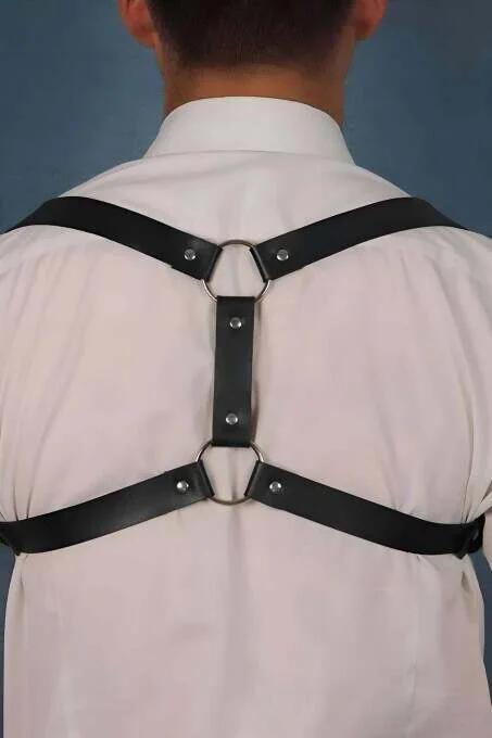 Black Faux Leather Back Harness Men Dual Silver O-Ring Closure Adjustable Straps