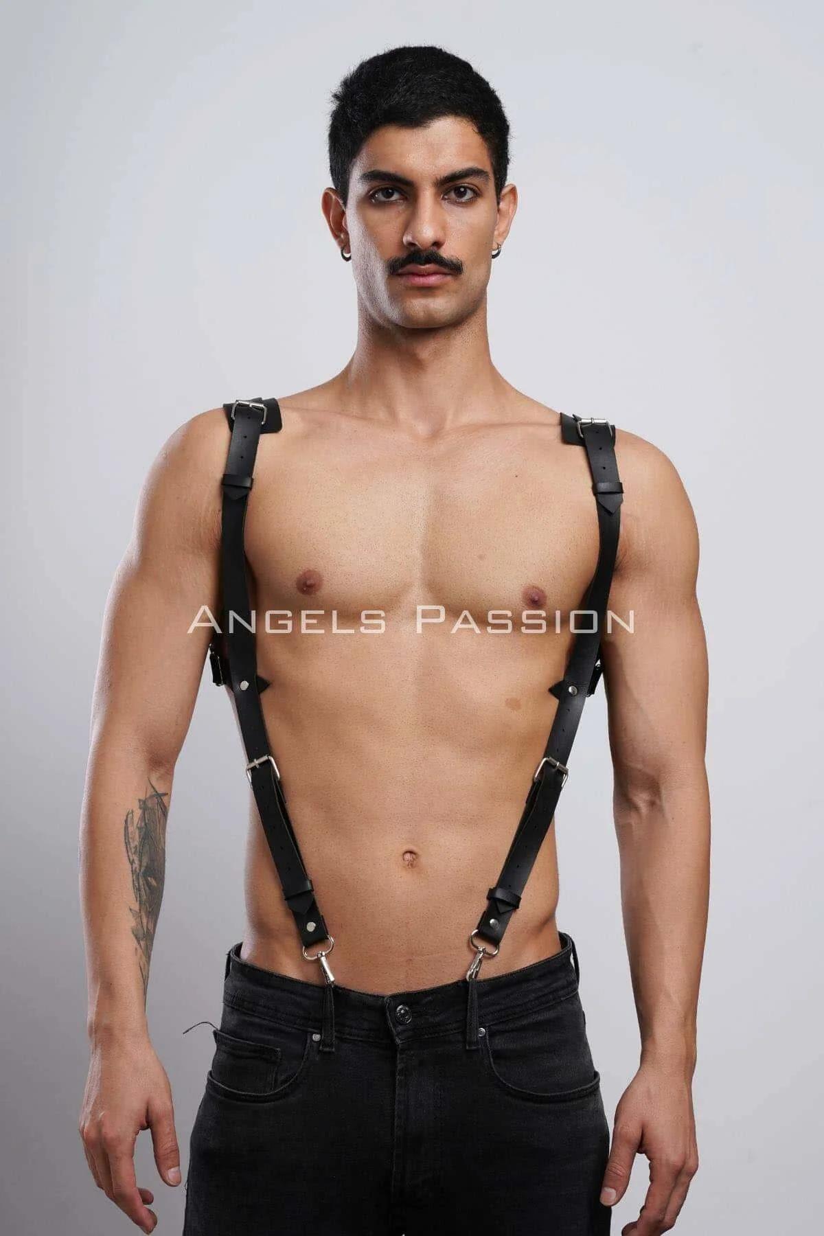 Men's Black Leather Body Harness - Adjustable Chest Straps