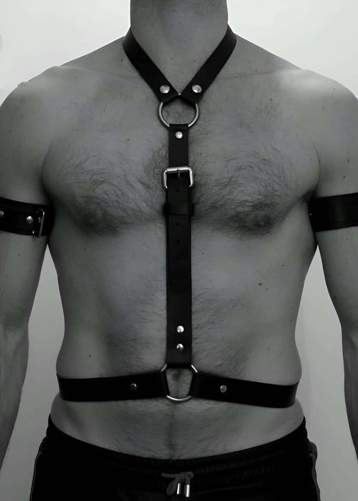 Mens Adjustable Faux Leather Body Harness - Black Style