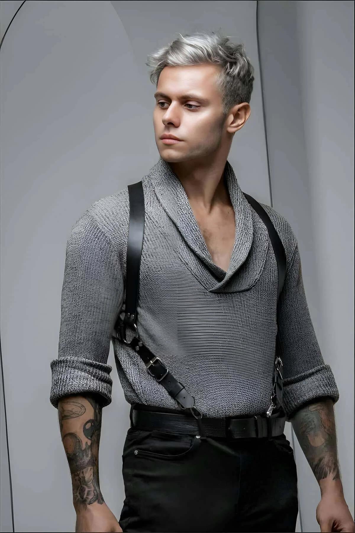 Mens Harness Adjustable Black Leather Fashion Chest Strap