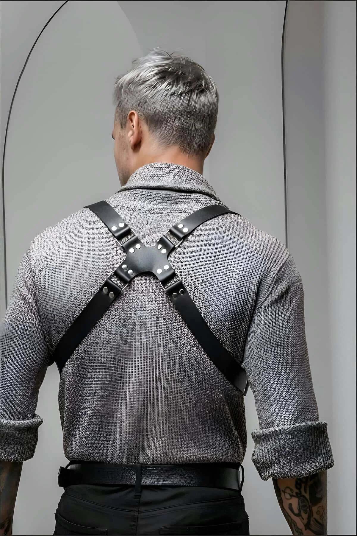 Mens Harness Adjustable Black Leather Fashion Chest Strap