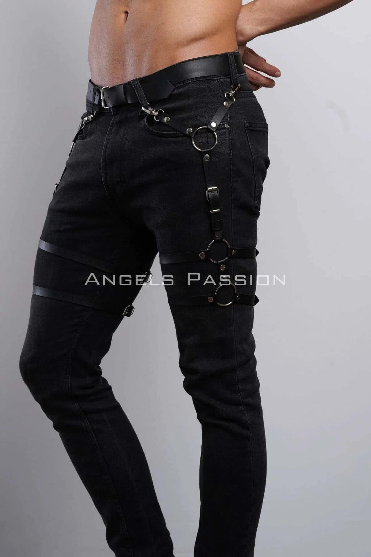 Men's Adjustable Leather Leg Harness Accessory for Jeans