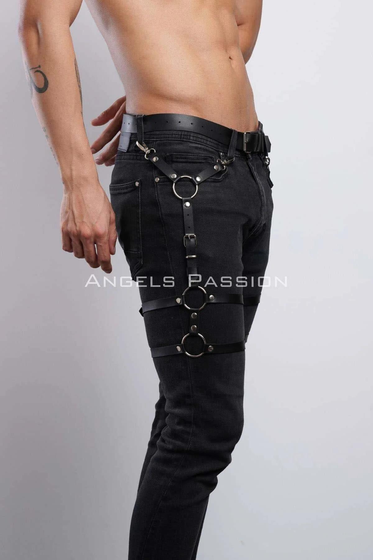 Men's Adjustable Leather Leg Harness Accessory for Jeans