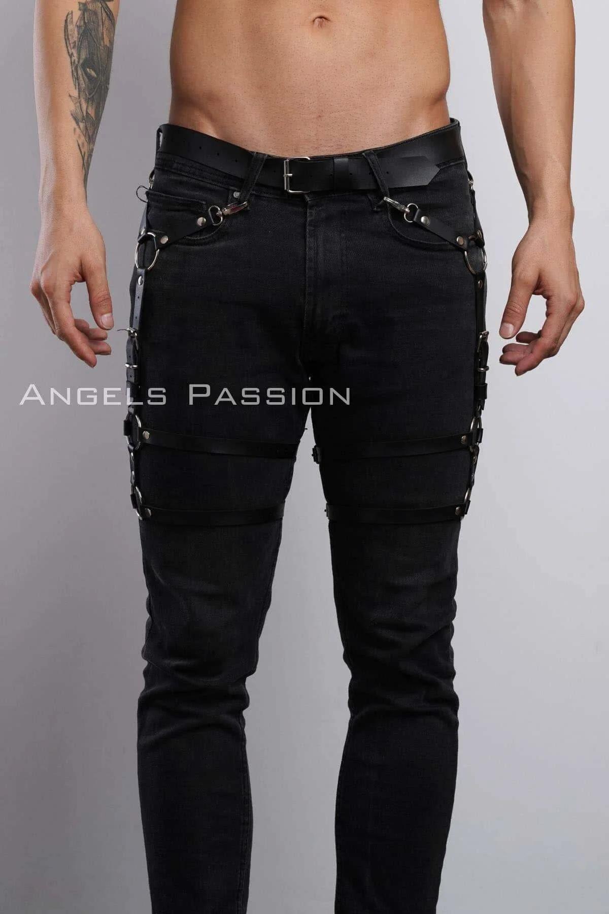 Men's Adjustable Leather Leg Harness Accessory for Jeans