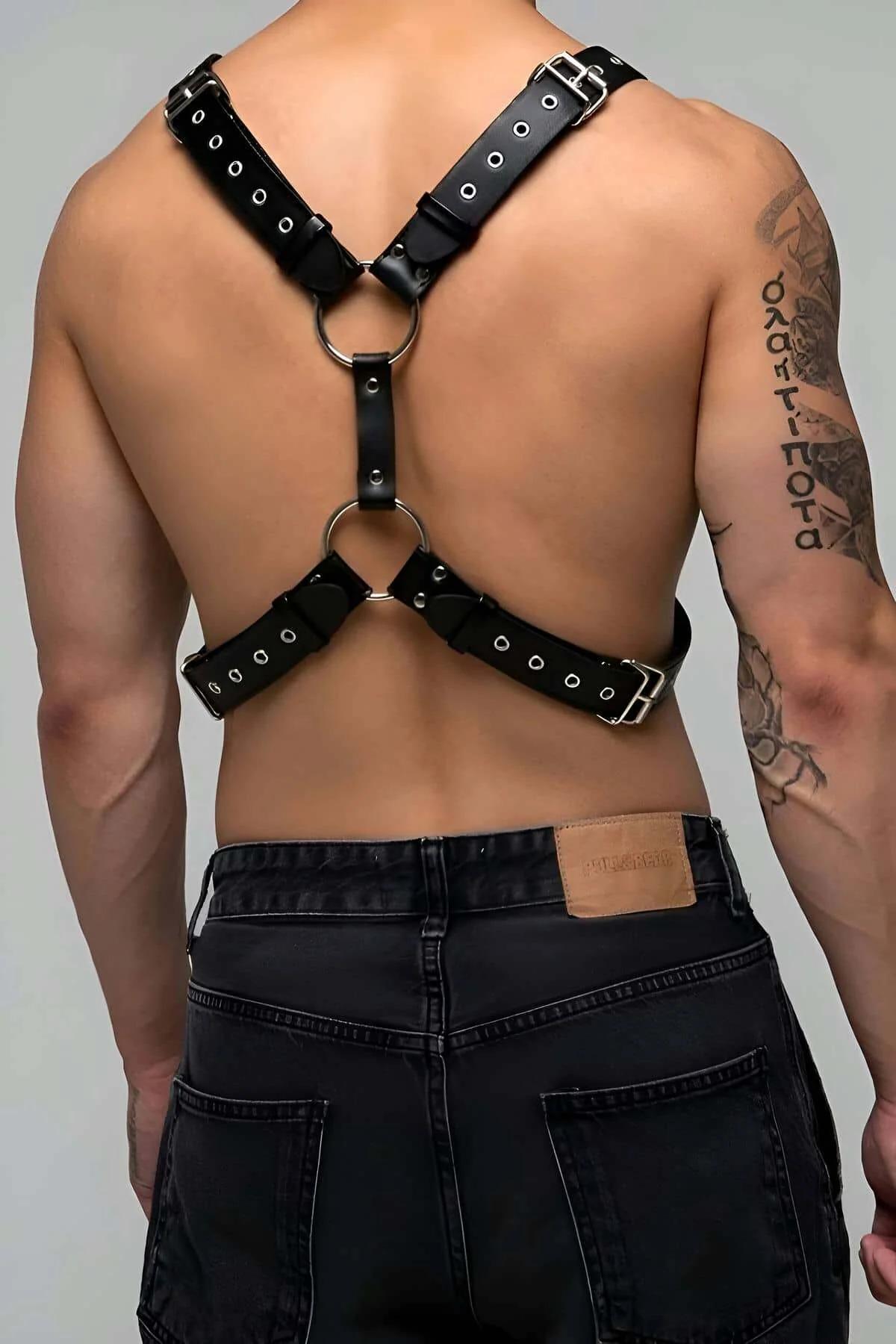 Mens Chest Harness with Rivets and O-Rings | Adjustable Fit