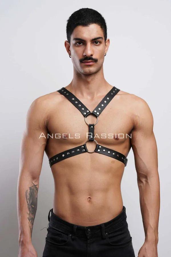 Men's Leather Chest Harness - Studded Adjustable Body Strap