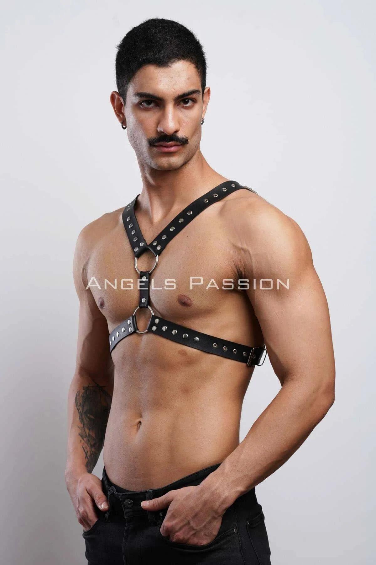 Men's Leather Chest Harness - Studded Adjustable Body Strap