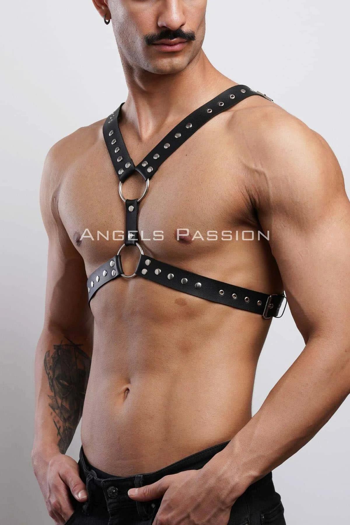 Men's Leather Chest Harness - Studded Adjustable Body Strap