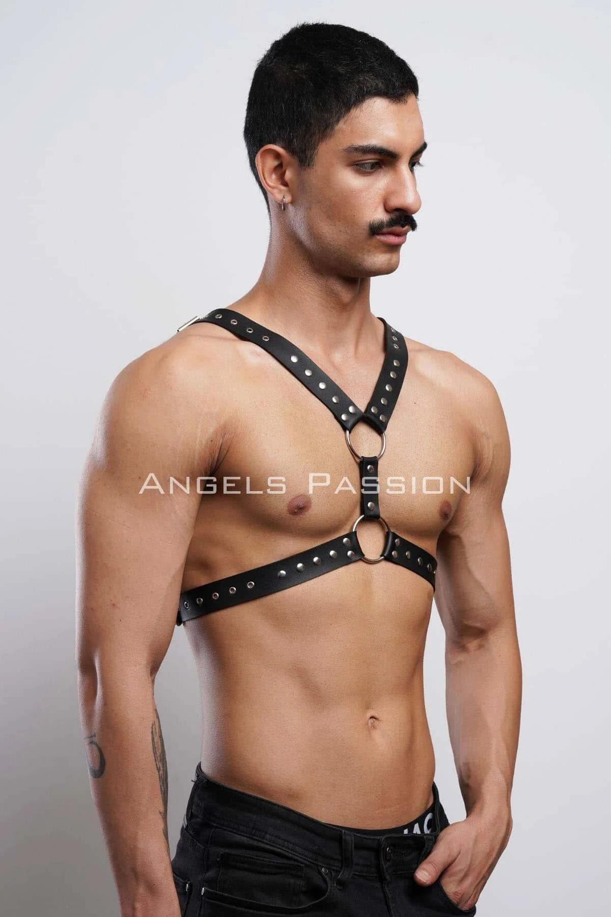 Men's Leather Chest Harness - Studded Adjustable Body Strap