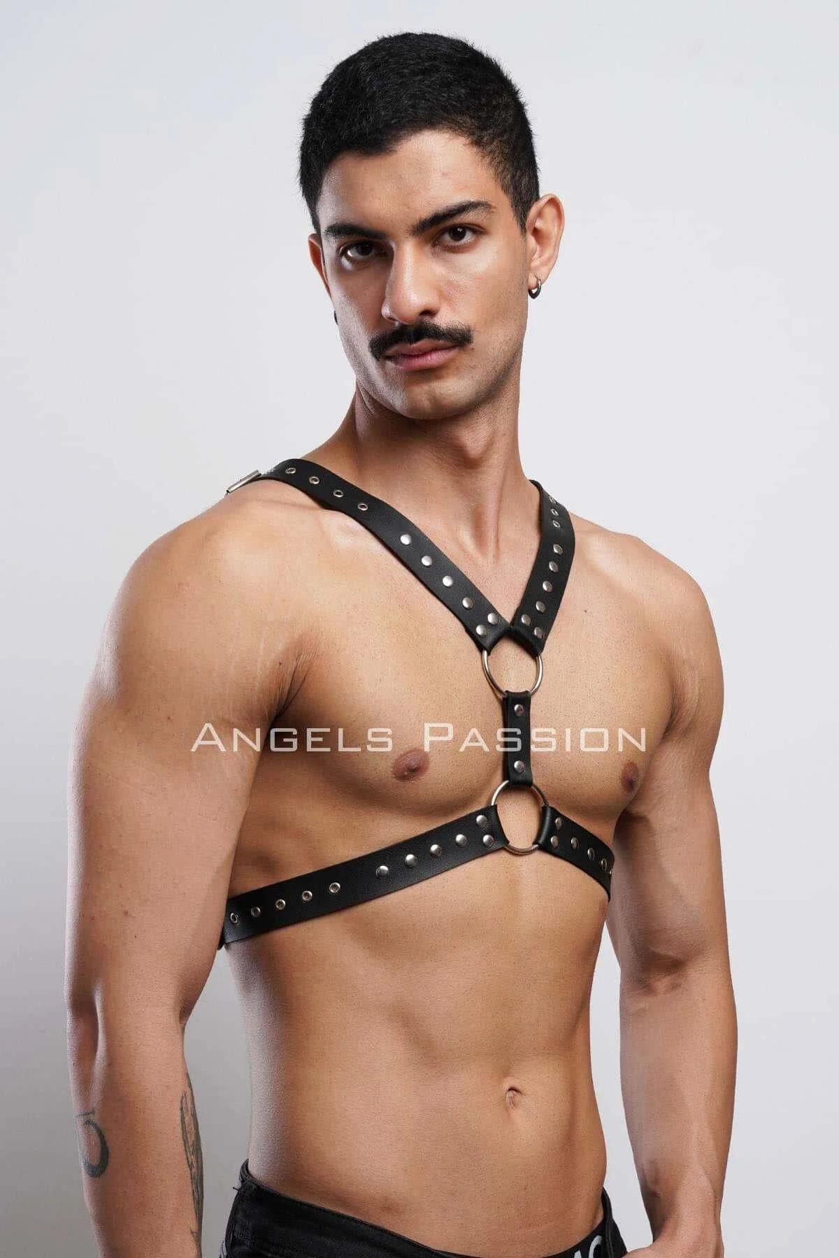 Men's Leather Chest Harness - Studded Adjustable Body Strap